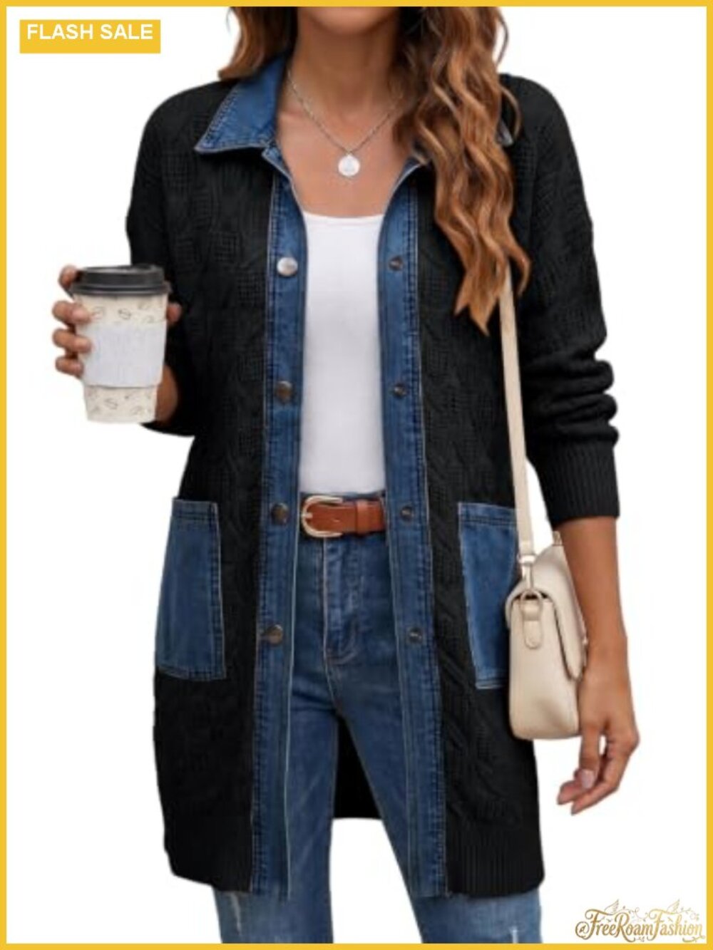 Denim Patchwork Cable Knit Button Down Long Cardigan Sweater